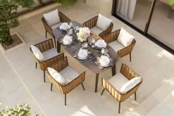 Hot Grant Dining 6 Garten-Essgruppe, anthrazit/beige, Alu/Polyrattan, abnehmbare Bezüge, Tischplatte aus Sicherheitsglas Polyrattan-Gartenmöbel|Garten-Essgruppen