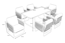 Outlet Tempest Garten-Essgruppe mit 6 Sesseln, hellgrau/anthrazit, Alu/Rope-Geflecht, Esstisch 190 x 95 cm mit Glasplatte, pulverbeschichtet, wetterbeständig, modernes Design Garten-Essgruppen