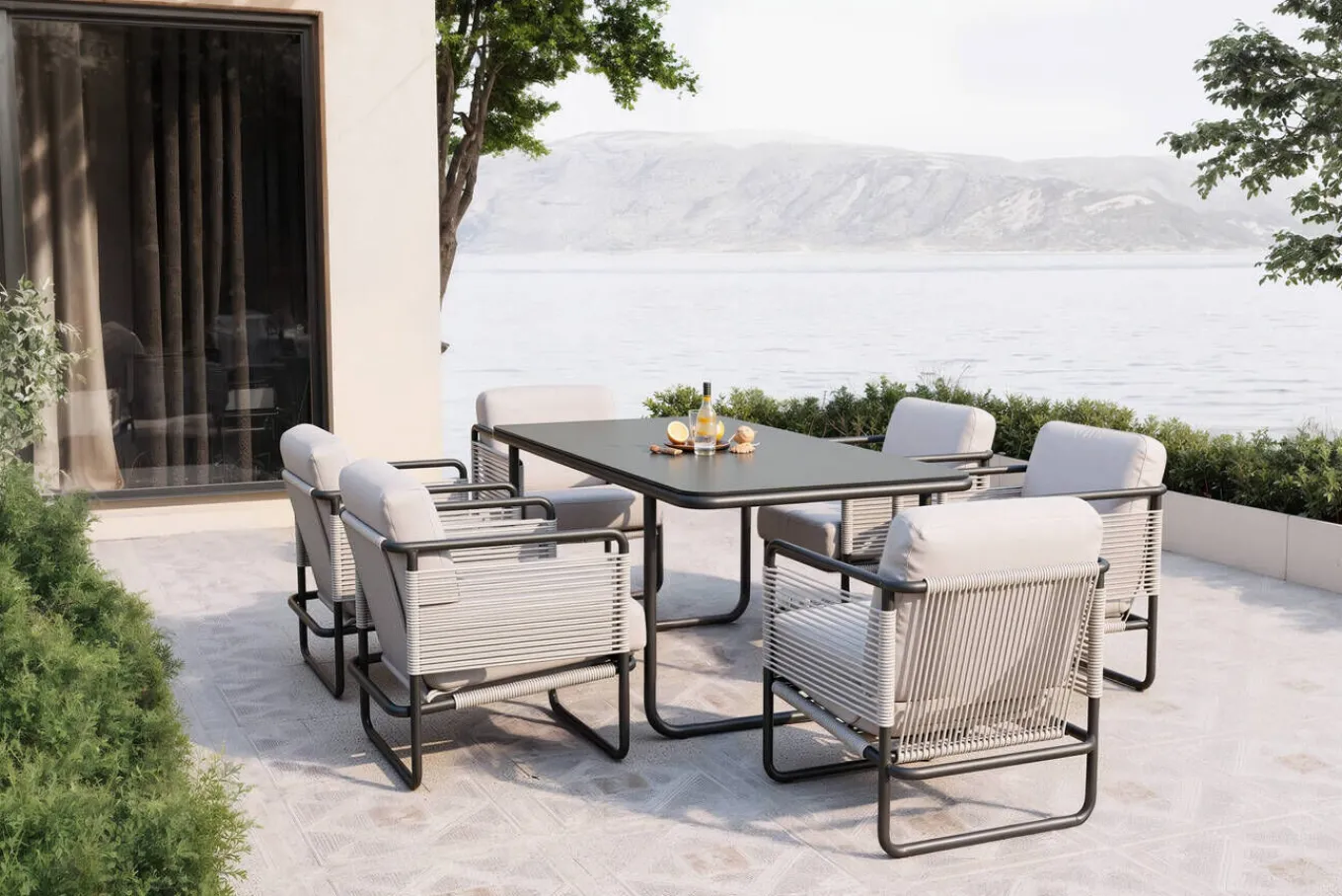 Outlet Tempest Garten-Essgruppe mit 6 Sesseln, hellgrau/anthrazit, Alu/Rope-Geflecht, Esstisch 190 x 95 cm mit Glasplatte, pulverbeschichtet, wetterbeständig, modernes Design Garten-Essgruppen