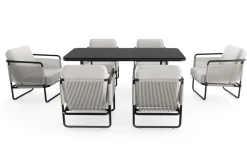 Outlet Tempest Garten-Essgruppe mit 6 Sesseln, hellgrau/anthrazit, Alu/Rope-Geflecht, Esstisch 190 x 95 cm mit Glasplatte, pulverbeschichtet, wetterbeständig, modernes Design Garten-Essgruppen