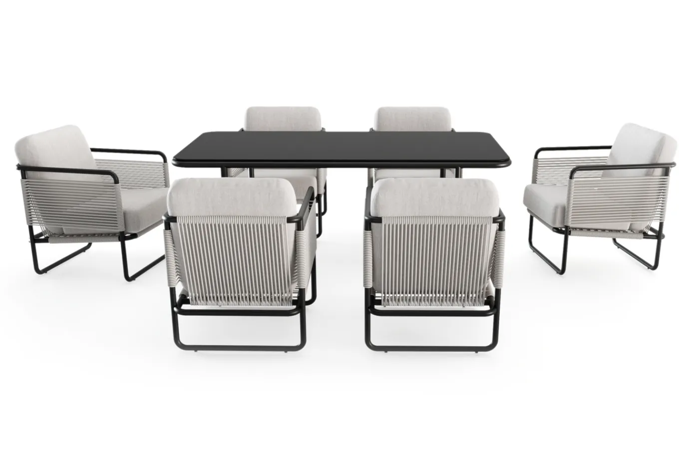 Outlet Tempest Garten-Essgruppe mit 6 Sesseln, hellgrau/anthrazit, Alu/Rope-Geflecht, Esstisch 190 x 95 cm mit Glasplatte, pulverbeschichtet, wetterbeständig, modernes Design Garten-Essgruppen