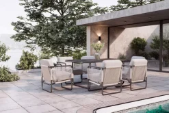 Outlet Tempest Garten-Essgruppe mit 6 Sesseln, hellgrau/anthrazit, Alu/Rope-Geflecht, Esstisch 190 x 95 cm mit Glasplatte, pulverbeschichtet, wetterbeständig, modernes Design Garten-Essgruppen