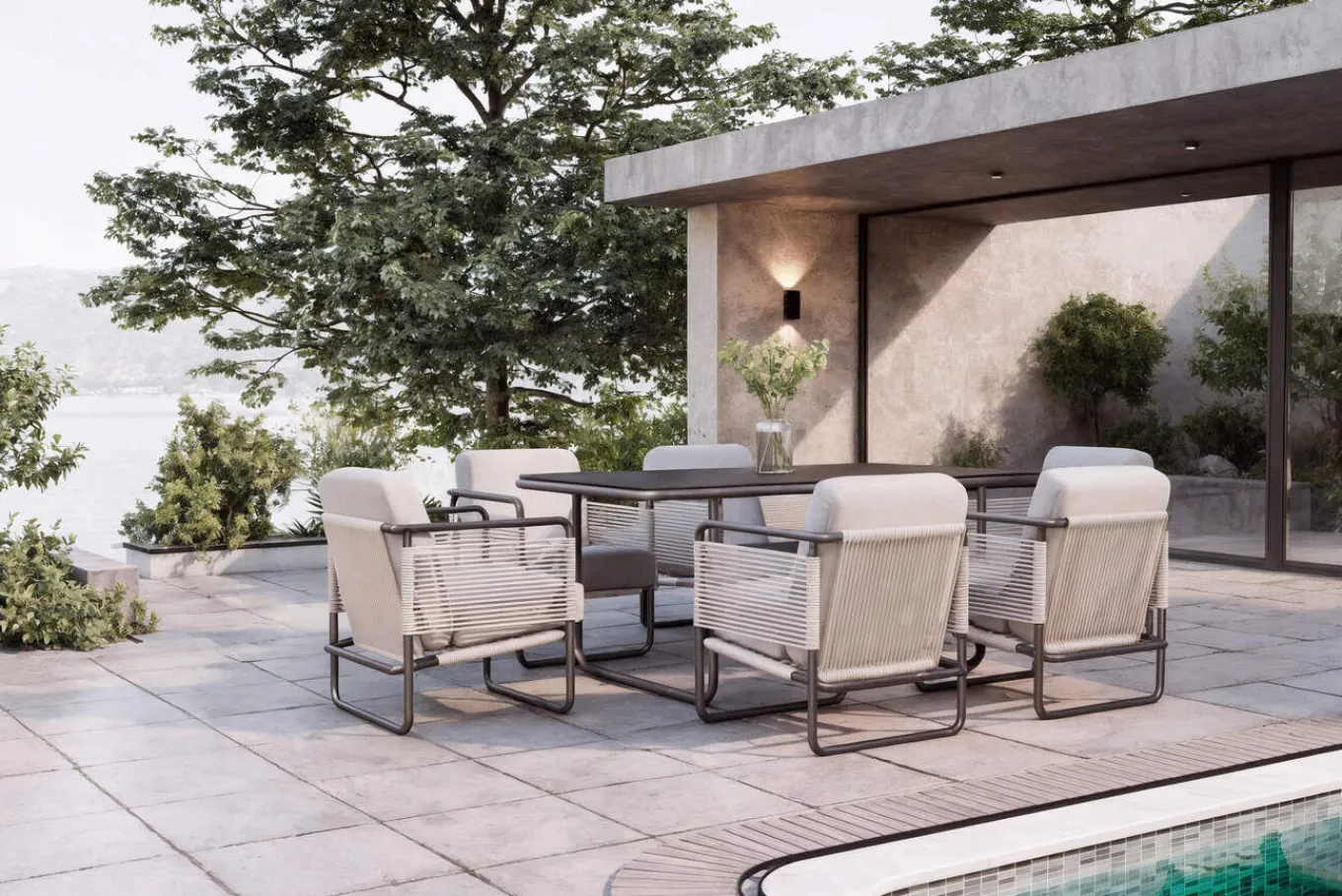 Outlet Tempest Garten-Essgruppe mit 6 Sesseln, hellgrau/anthrazit, Alu/Rope-Geflecht, Esstisch 190 x 95 cm mit Glasplatte, pulverbeschichtet, wetterbeständig, modernes Design Garten-Essgruppen