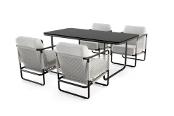 Hot Tempest Garten-Essgruppe mit 4 Sesseln, hellgrau/anthrazit, Alu/Rope-Geflecht, Esstisch 190 x 95 cm mit Glasplatte, pulverbeschichtet, wetterbeständig, modernes Design Garten-Essgruppen