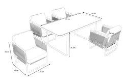 Hot Tempest Garten-Essgruppe mit 4 Sesseln, hellgrau/anthrazit, Alu/Rope-Geflecht, Esstisch 190 x 95 cm mit Glasplatte, pulverbeschichtet, wetterbeständig, modernes Design Garten-Essgruppen