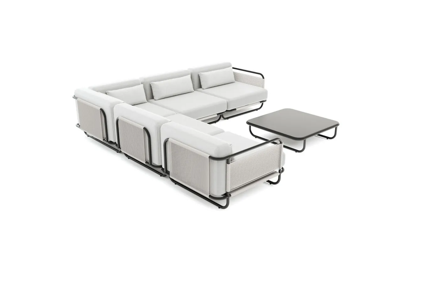 Hot Tempest Gartenlounge M, hellgrau/anthrazit, Alu/Rope-Geflecht, Beistelltisch mit Glasplatte, pulverbeschichtet, wetterfest, modernes Design Gartenlounge