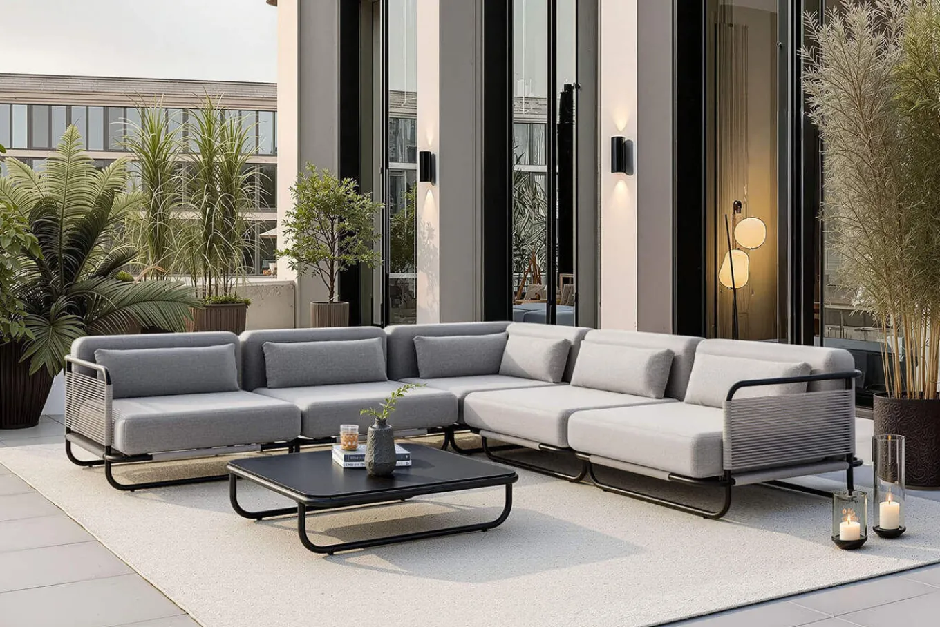 Hot Tempest Gartenlounge M, hellgrau/anthrazit, Alu/Rope-Geflecht, Beistelltisch mit Glasplatte, pulverbeschichtet, wetterfest, modernes Design Gartenlounge