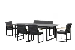 Sale Alexander Garten-Essgruppe, mattgrau, Alu/Teak, Ausziehtisch 206/266x100cm, 4 Stühle, 3er Bank, inkl. Polster Garten-Essgruppen