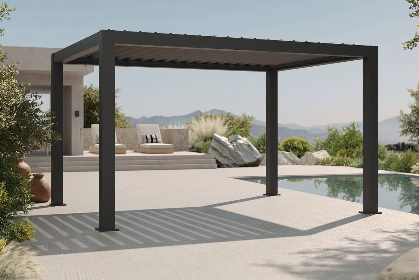 Hot Antalya Lamellenpergola, schwarz, Alu pulverbeschichtet, 3 x 4 m, witterungsbeständig, verstellbares Lamellendach Pergola