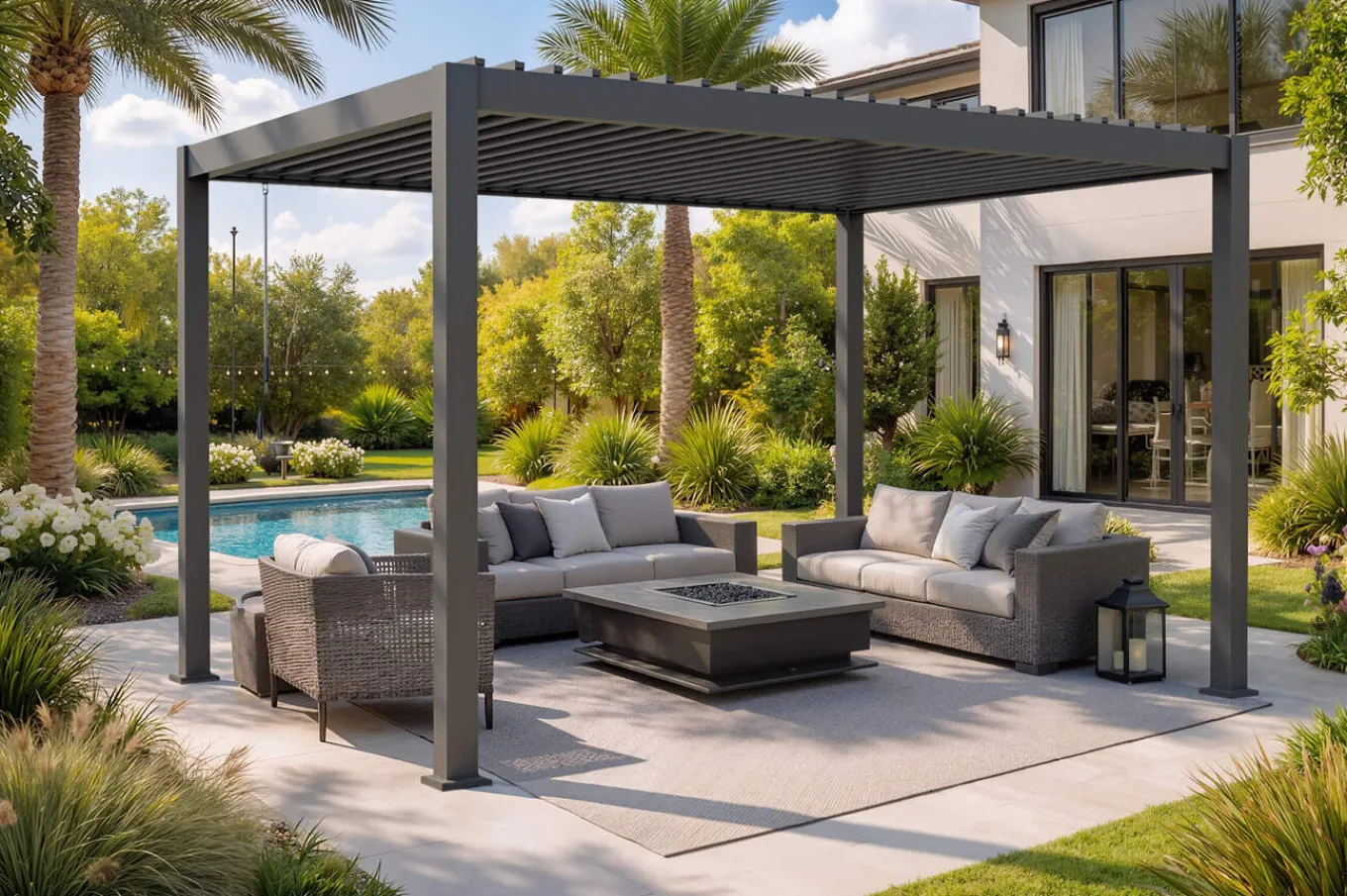 Hot Antalya Lamellenpergola, schwarz, Alu pulverbeschichtet, 3 x 4 m, witterungsbeständig, verstellbares Lamellendach Pergola