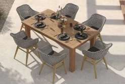 Outlet Bali Garten-Essgruppe mit 6 Dining Sesseln, schwarz/weiß/natur, Akazie/Polyrattan, 180/220/260 x 100 cm, FSC®-zertifiziertes Produkt Garten-Essgruppen