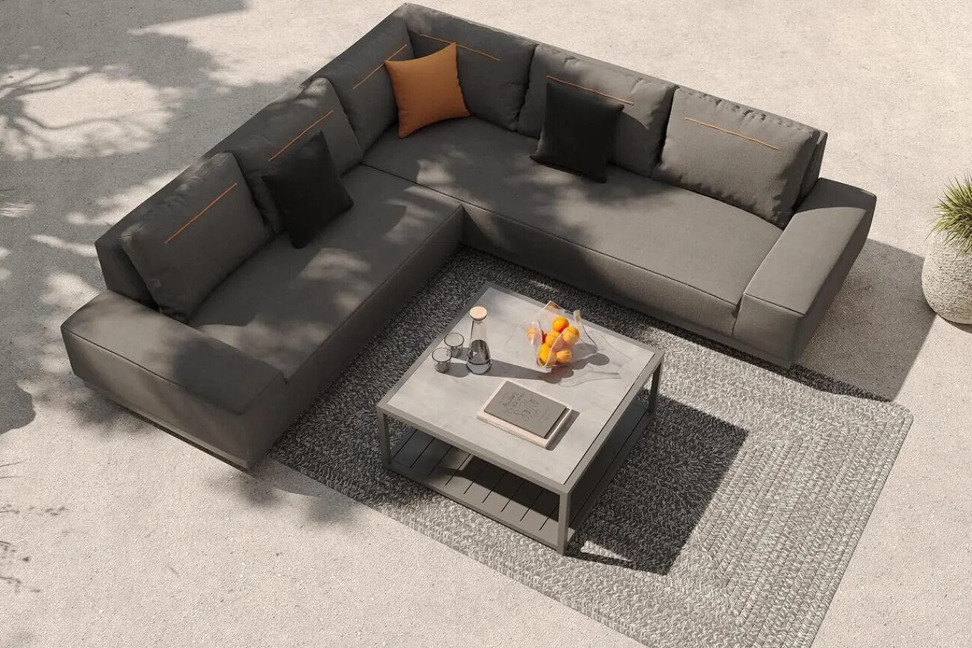 Outlet Beau Gartenlounge mit Outdoor-Teppich, grau/aluminium-weiß, Aluminium/Polyester/PET-Garn, Teppich rechteckig 240 x 160 cm, inkl. Kaffeetisch Gartenlounge
