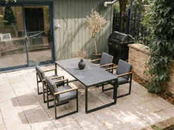 Sale Bocas Garten-Essgruppe, mattgrau, Aluminium/Teakholz, Ausziehtisch 206/266 x 100 cm, inkl. 4 Sessel Teak-Gartenmöbel