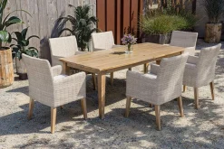 Sale Borneo Garten-Essgruppe, beige-meliert, Polyrattan/Akazie, Tisch 220 x 100 cm, 6 Landhaussessel, FSC®-zertifiziertes Produkt Polyrattan-Gartenmöbel|Garten-Essgruppen