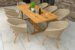 Hot Borneo Garten-Essgruppe, beige/natur, Akazie/Polyrattan, Ausziehtisch 180/240 x 100 cm, 8 Cocktail-Sessel, Polster Inklusive, FSC®-zertifiziertes Produkt Garten-Essgruppen|Akazien-Gartenmöbel