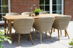 Outlet Borneo Garten-Essgruppe, beige-meliert, Polyrattan/Akazie, Tisch 220 x 100 cm, 6 Cocktail-Sessel, FSC®-zertifiziertes Produkt Polyrattan-Gartenmöbel|Garten-Essgruppen