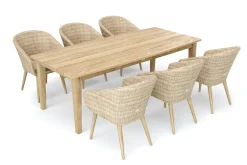 Outlet Borneo Garten-Essgruppe, beige-meliert, Polyrattan/Akazie, Tisch 220 x 100 cm, 6 Cocktail-Sessel, FSC®-zertifiziertes Produkt Polyrattan-Gartenmöbel|Garten-Essgruppen