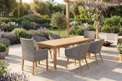 Borneo/Kota Garten-Essgruppe, natur/grau-meliert, Akazie/Alu/Polyrattan, 220x100 cm, 4 Cocktail-, 2 Landhaussessel, FSC®-zertifiziertes Produkt Akazien-Gartenmöbel
