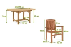 Best Dallas/Washington Garten-Essgruppe, natur, Teak, 120/170x120 cm, 6x Stapelsessel Garten-Essgruppen|Teak-Gartenmöbel