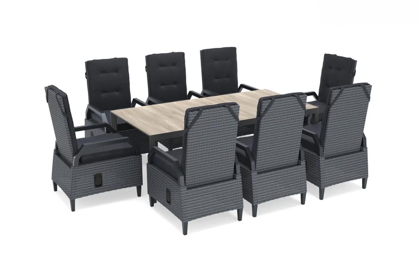 Sale Darwin Garten-Essgruppe mit 8 Dining Sesseln, anthrazit/grau, Alu/Polyrattan, Tisch 200 x 100 cm, verstellbare Rückenlehne Polyrattan-Gartenmöbel|Garten-Essgruppen