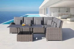Clearance Dining-Lounge, grau, Polyrattan, 5-6 Personen, höhenverstellbarer Loungetisch, inkl. Polster Polyrattan-Gartenmöbel|Gartenlounge