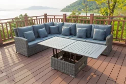 Clearance Dining-Lounge, grau, Polyrattan, 5-6 Personen, höhenverstellbarer Loungetisch, inkl. Polster Polyrattan-Gartenmöbel|Gartenlounge