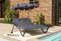 Online Doppelliege, anthrazit, Polyester/Stahl pulverbeschichtet, 205x138x34cm, inkl. Nackenkissen, rollbar Stahl-Gartenmöbel|Gartenliegen