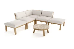 Outlet Ecklounge, Akazie, 5 Personen, inkl. Tisch ø 80 cm und Polster aus Olefin in hellbraun, FSC®-zertifiziertes Produkt Gartenlounge
