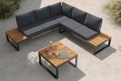 Best Ecklounge, anthrazit matt, Alu/Holzoptik, 5 Personen, Seitenablage Gartenlounge|Aluminium-Gartenmöbel