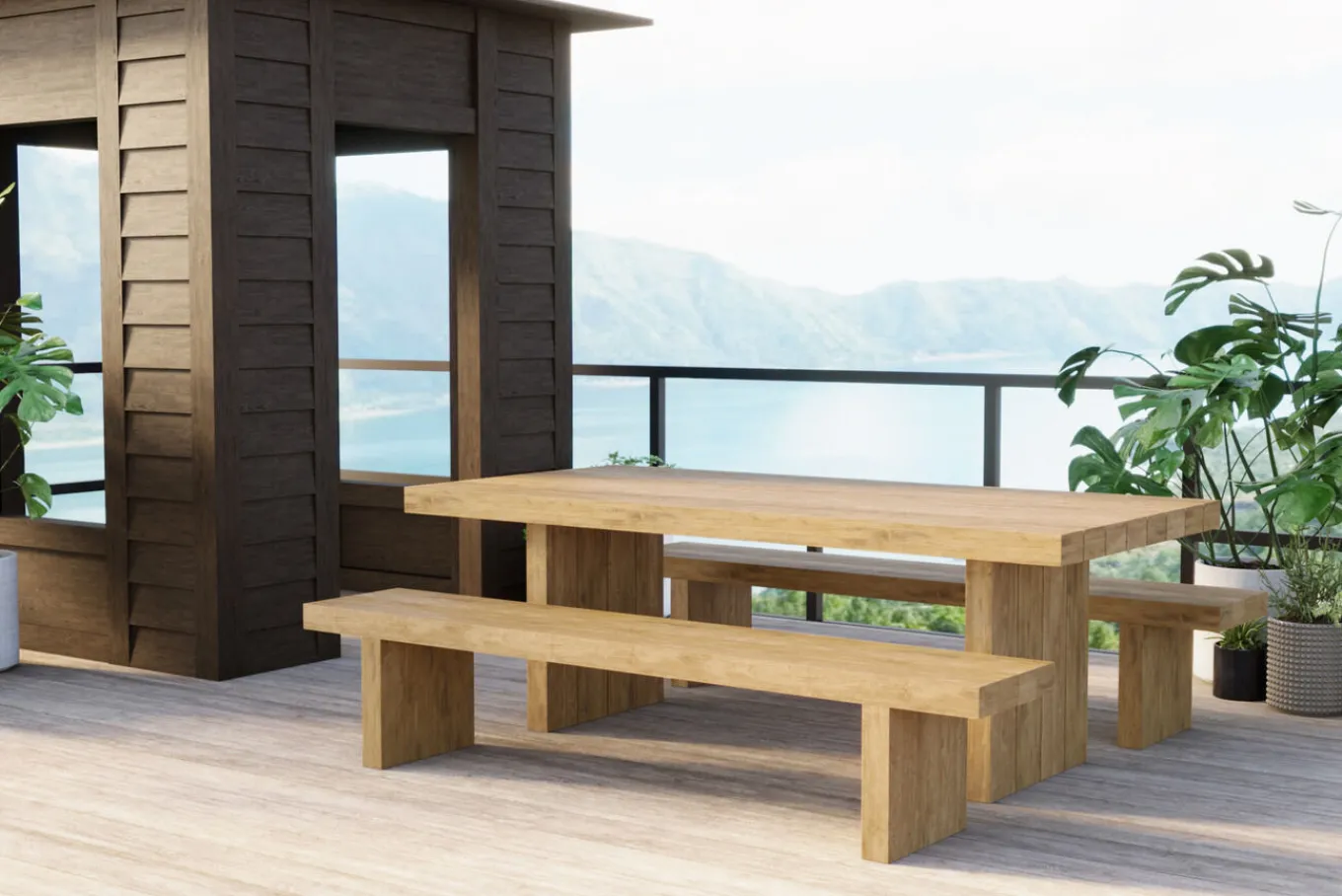 Discount Encino Garten-Essgruppe, recyceltes Teak, Tisch 220x100cm, 2 Bänke 220x40cm, Gebürstet, Hohe Belastbarkeit, FSC®-zertifiziertes Produkt Garten-Essgruppen|Teak-Gartenmöbel