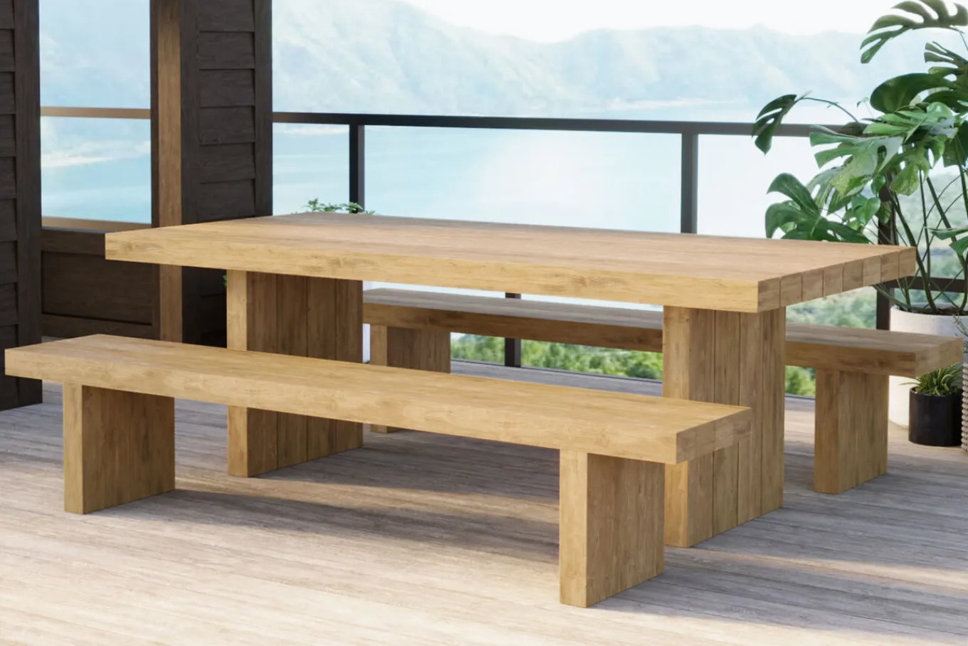 Discount Encino Garten-Essgruppe, recyceltes Teak, Tisch 220x100cm, 2 Bänke 220x40cm, Gebürstet, Hohe Belastbarkeit, FSC®-zertifiziertes Produkt Garten-Essgruppen|Teak-Gartenmöbel