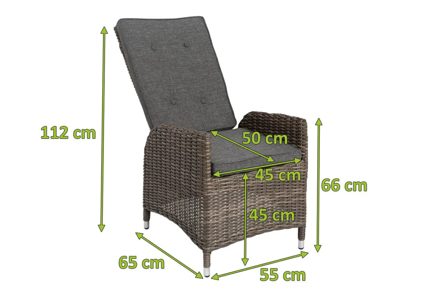2er Set Dining Sessel, grau, Polyrattan, je 55 x 65 x 112 cm, Rücken stufenlos verstellbar Polyrattan-Gartenmöbel|Gartenstühle & Gartensessel