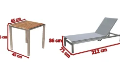 New 2er-Set Rollliege, silber, Edelstahl/Teak, 212x71x36 cm, mit Beistelltisch 45x45cm, FSC®-zertifiziertes Produkt Edelstahl-Gartenmöbel|Gartenliegen