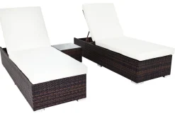 Best 2er-Set Sonnenliegen, braun marmoriert, Polyrattan, je 200x70x45cm, mit Beistelltisch Polyrattan-Gartenmöbel|Gartenliegen