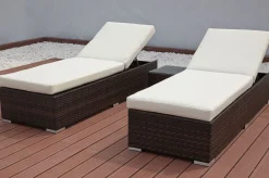 Best 2er-Set Sonnenliegen, braun marmoriert, Polyrattan, je 200x70x45cm, mit Beistelltisch Polyrattan-Gartenmöbel|Gartenliegen