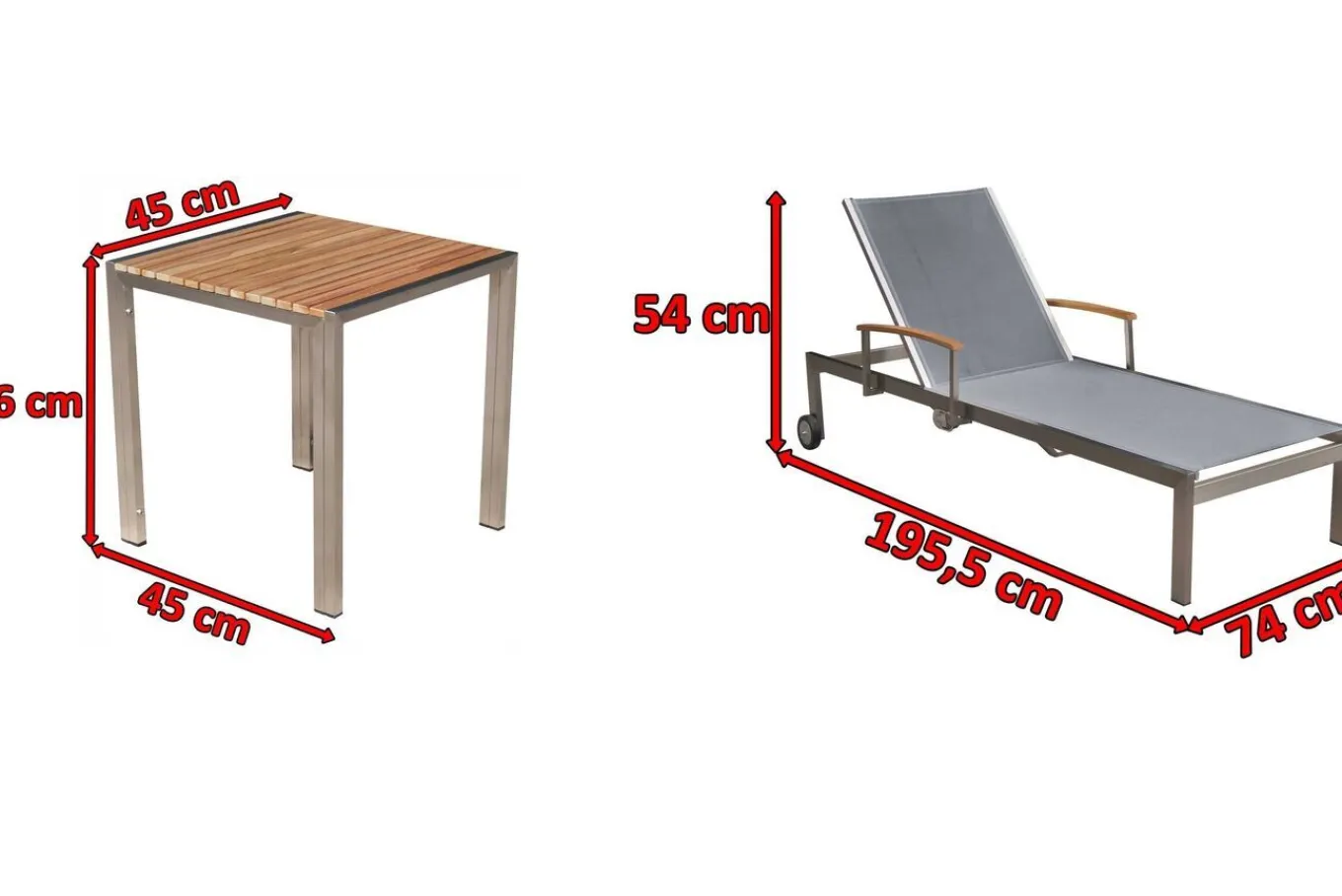 Outlet 2er-Set Sonnenliegen, silber, Edelstahl/Teak, 195,5x74x35cm, mit Beistelltisch 45x45cm, Teak Armlehnen, FSC®-zertifiziertes Produkt Edelstahl-Gartenmöbel|Gartenliegen