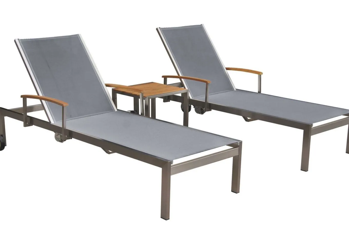 Outlet 2er-Set Sonnenliegen, silber, Edelstahl/Teak, 195,5x74x35cm, mit Beistelltisch 45x45cm, Teak Armlehnen, FSC®-zertifiziertes Produkt Edelstahl-Gartenmöbel|Gartenliegen