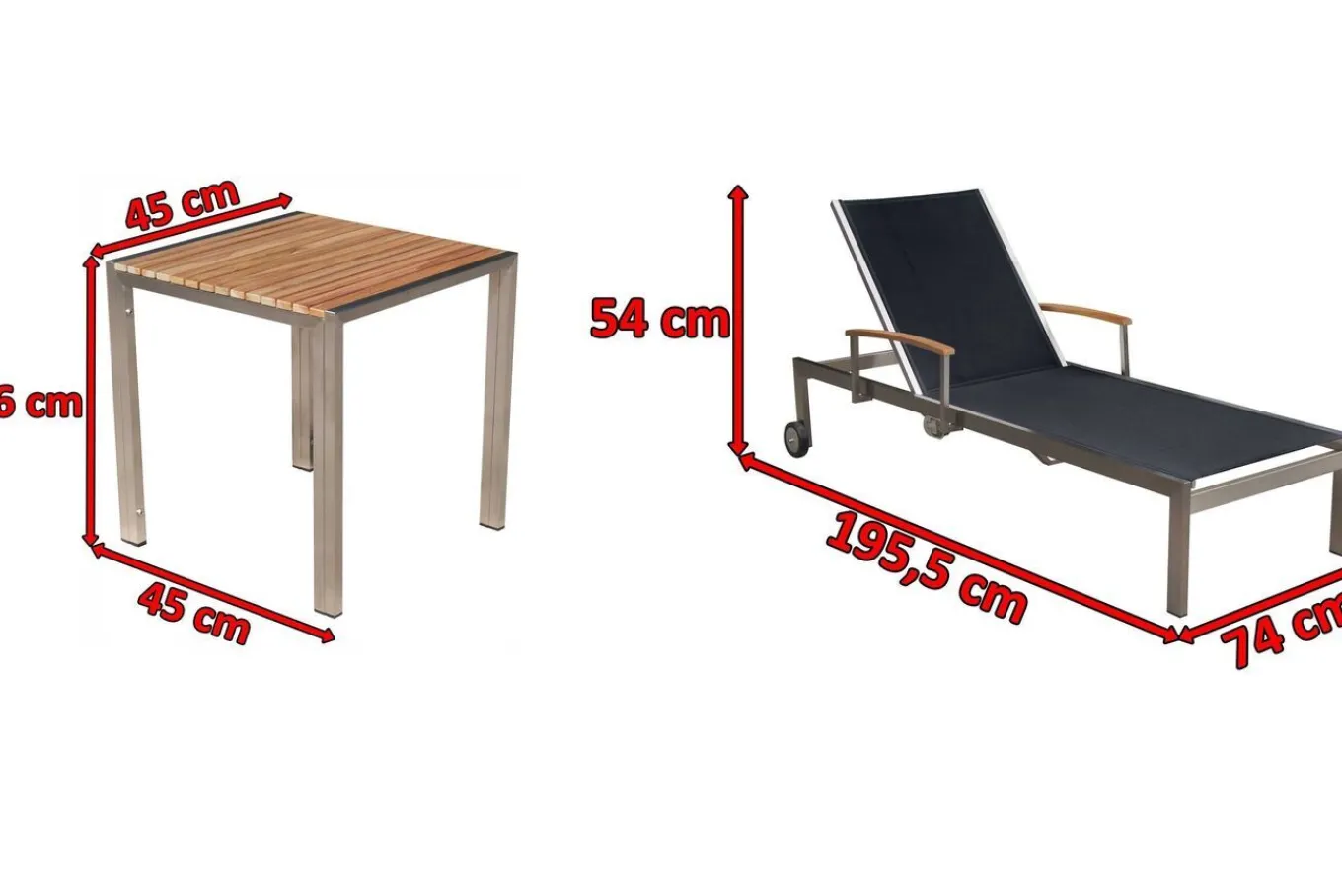 Best 2er-Set Sonnenliegen, schwarz, Edelstahl/Teak, 195,5x74x35cm, mit Beistelltisch 45x45cm, Teak Armlehnen, FSC®-zertifiziertes Produkt Gartenliegen