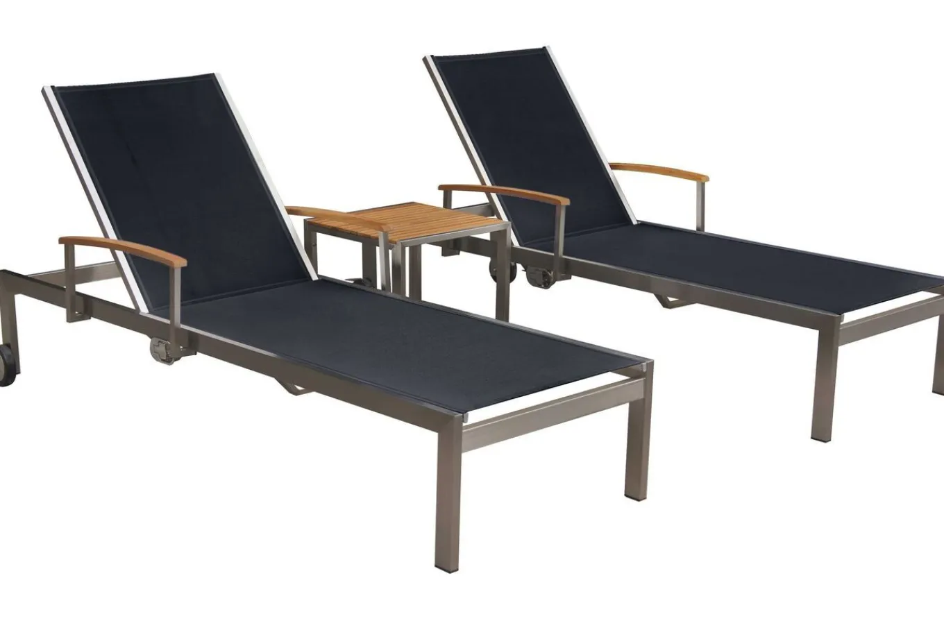 Best 2er-Set Sonnenliegen, schwarz, Edelstahl/Teak, 195,5x74x35cm, mit Beistelltisch 45x45cm, Teak Armlehnen, FSC®-zertifiziertes Produkt Gartenliegen