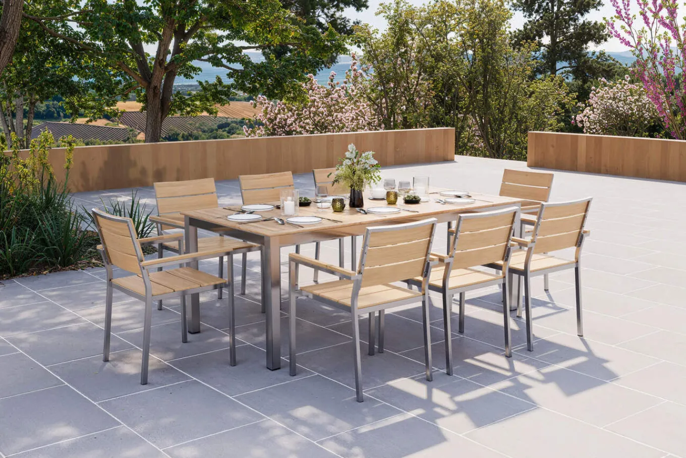 Discount Falun Garten-Essgruppe mit 8 Sesseln, braun, Edelstahl/Teakholz, 200 x 100 cm ausziehbar, stapelbar, FSC®-zertifiziertes Produkt Edelstahl-Gartenmöbel