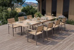 Discount Falun Garten-Essgruppe mit 8 Sesseln, braun, Edelstahl/Teakholz, 200 x 100 cm ausziehbar, stapelbar, FSC®-zertifiziertes Produkt Edelstahl-Gartenmöbel