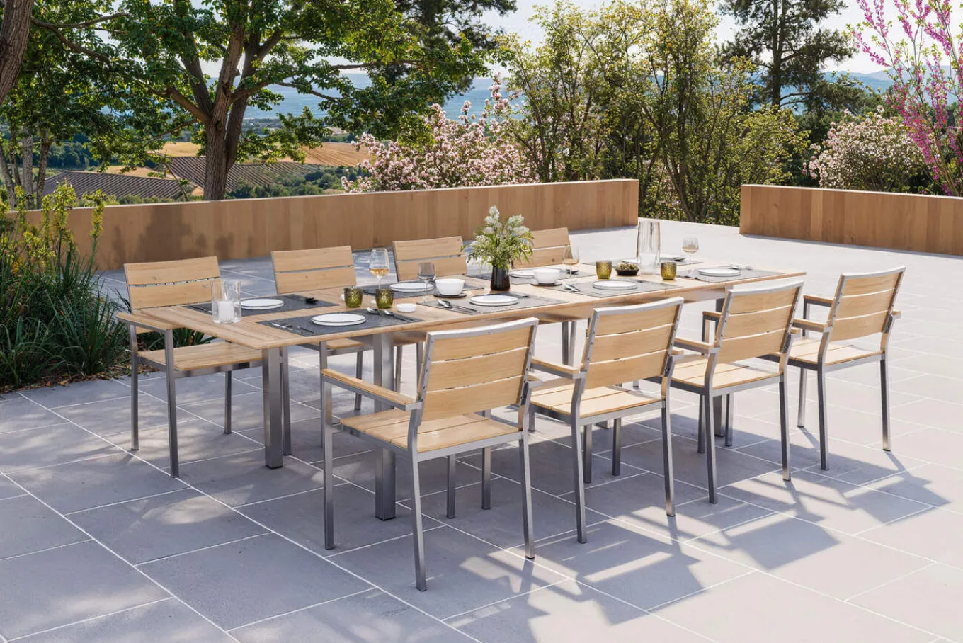 Discount Falun Garten-Essgruppe mit 8 Sesseln, braun, Edelstahl/Teakholz, 200 x 100 cm ausziehbar, stapelbar, FSC®-zertifiziertes Produkt Edelstahl-Gartenmöbel