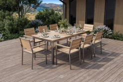 Discount Falun Garten-Essgruppe mit 8 Sesseln, braun, Edelstahl/Teakholz, 200 x 100 cm ausziehbar, stapelbar, FSC®-zertifiziertes Produkt Edelstahl-Gartenmöbel