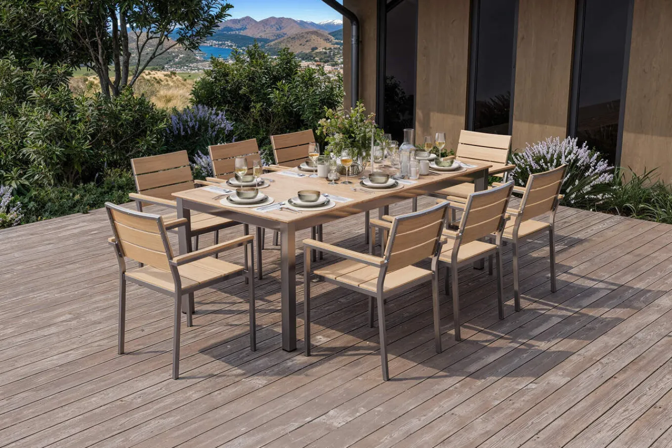 Discount Falun Garten-Essgruppe mit 8 Sesseln, braun, Edelstahl/Teakholz, 200 x 100 cm ausziehbar, stapelbar, FSC®-zertifiziertes Produkt Edelstahl-Gartenmöbel