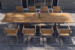 Discount Falun Garten-Essgruppe mit 8 Sesseln, braun/silber, Teakholz/Edelstahl, 220/340 x 100 cm, ausziehbar stapelbar FSC®-zertifiziert Garten-Essgruppen