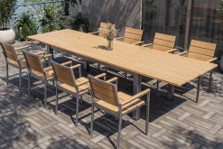 Discount Falun Garten-Essgruppe mit 8 Sesseln, braun/silber, Teakholz/Edelstahl, 220/340 x 100 cm, ausziehbar stapelbar FSC®-zertifiziert Garten-Essgruppen