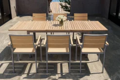 Outlet Falun Garten-Essgruppe, braun, Teakholz/Edelstahl, Ausziehtisch 180/240 x 100 cm, inkl. 6 Stapelsessel, FSC®-zertifiziertes Produkt Garten-Essgruppen