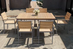 Outlet Falun Garten-Essgruppe, braun, Teakholz/Edelstahl, Ausziehtisch 180/240 x 100 cm, inkl. 6 Stapelsessel, FSC®-zertifiziertes Produkt Garten-Essgruppen