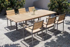 Outlet Falun Garten-Essgruppe, braun, Teakholz/Edelstahl, Ausziehtisch 180/240 x 100 cm, inkl. 6 Stapelsessel, FSC®-zertifiziertes Produkt Garten-Essgruppen
