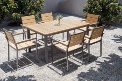 Outlet Falun Garten-Essgruppe, braun, Teakholz/Edelstahl, Ausziehtisch 180/240 x 100 cm, inkl. 6 Stapelsessel, FSC®-zertifiziertes Produkt Garten-Essgruppen